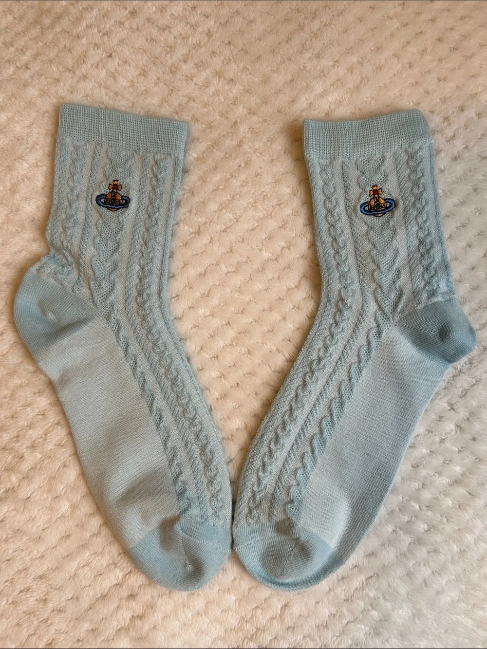 NWOT Vivienne Westwood Unisex Cable-Knit Crew Socks With Orb Logo - Pastel Blue